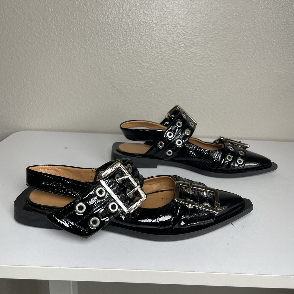 Ganni Black Silver Buckle Ballerina Leather Pointed Shoes Size 36 Flats
